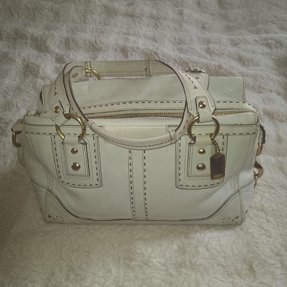 Sophisticated White Leather Satchel with Gold Hardware